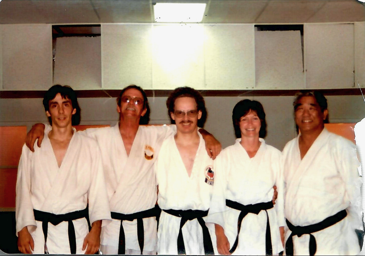David J. Ellis' judo teachers and lineage, Left to right: Louis Peronard, Dave Daley, John R. Ellis, Patty McMahon, and Tai Yosheda.