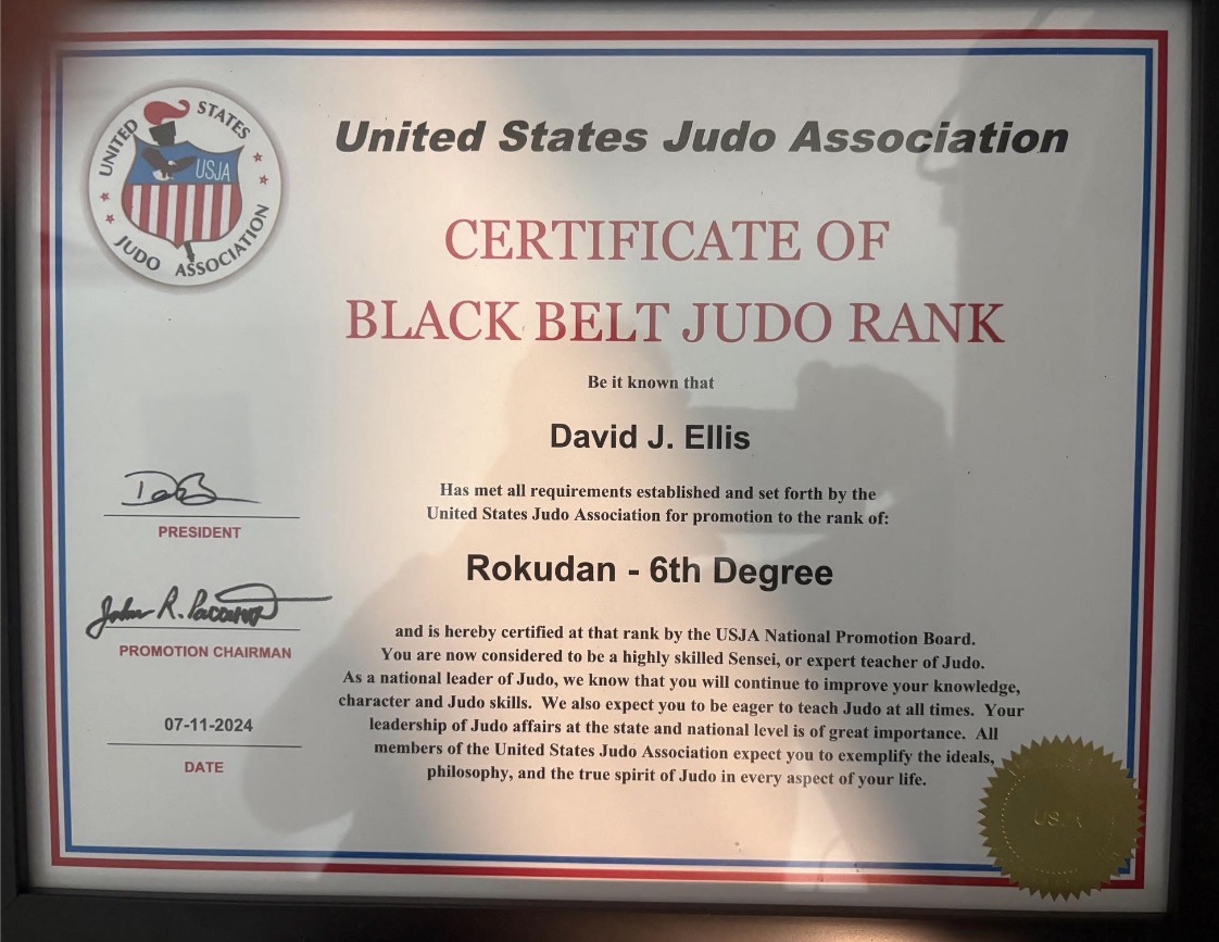 Rokudan (6th Degree Black Belt) Certificate - David J. Ellis