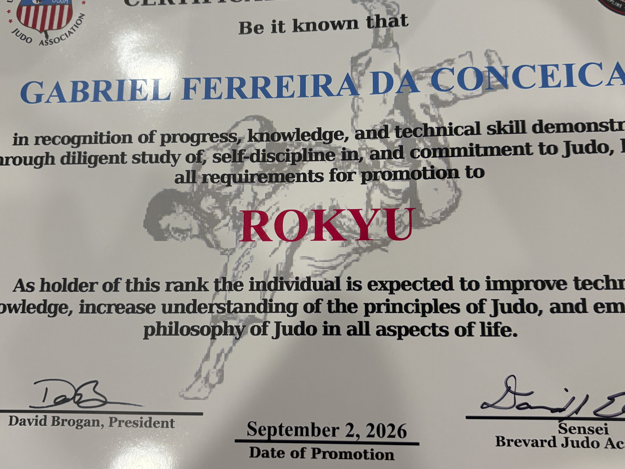 Gabriel Ferreira da conceicao's Rokyu (Yellow Belt) certificate