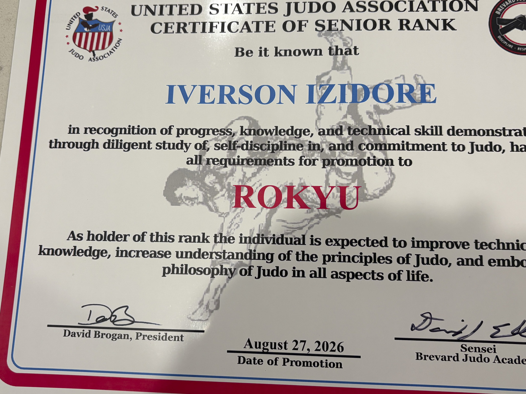 Iverson Izidore's Rokyu (Yellow Belt) certificate