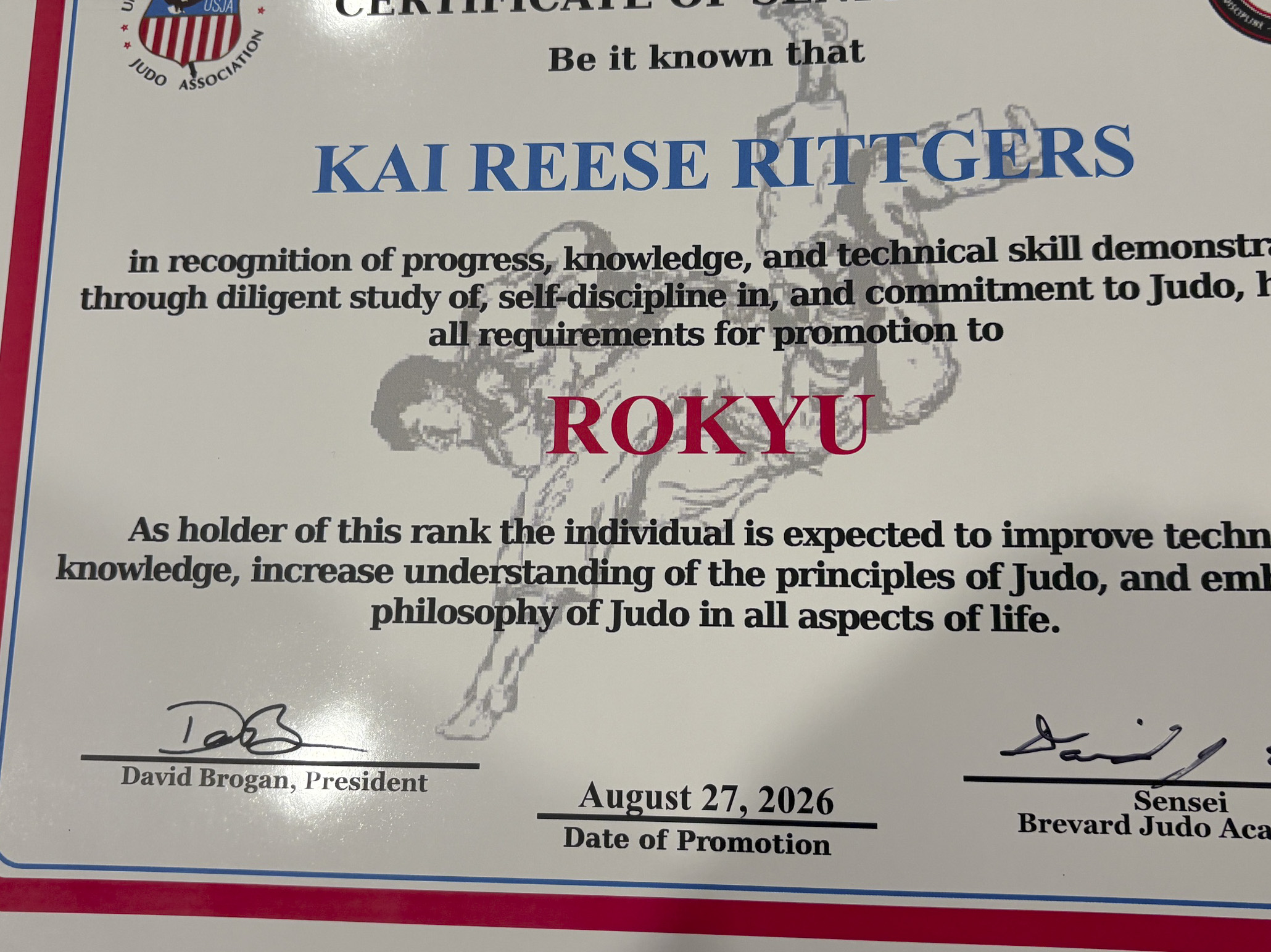 Kai Rittgers' Rokyu (Yellow Belt) certificate