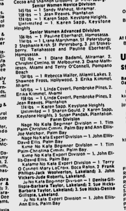Lakeland Ledger Judo results from the 1985 Sunshine State Games listing John Ellis and David Ellis first in the Nage No Kata and Kime No Kata Expert divisions.