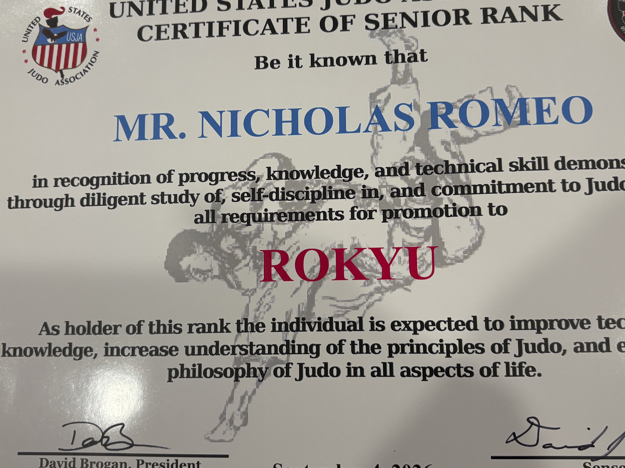 Nicholas Romeo's Rokyu (Yellow Belt) certificate