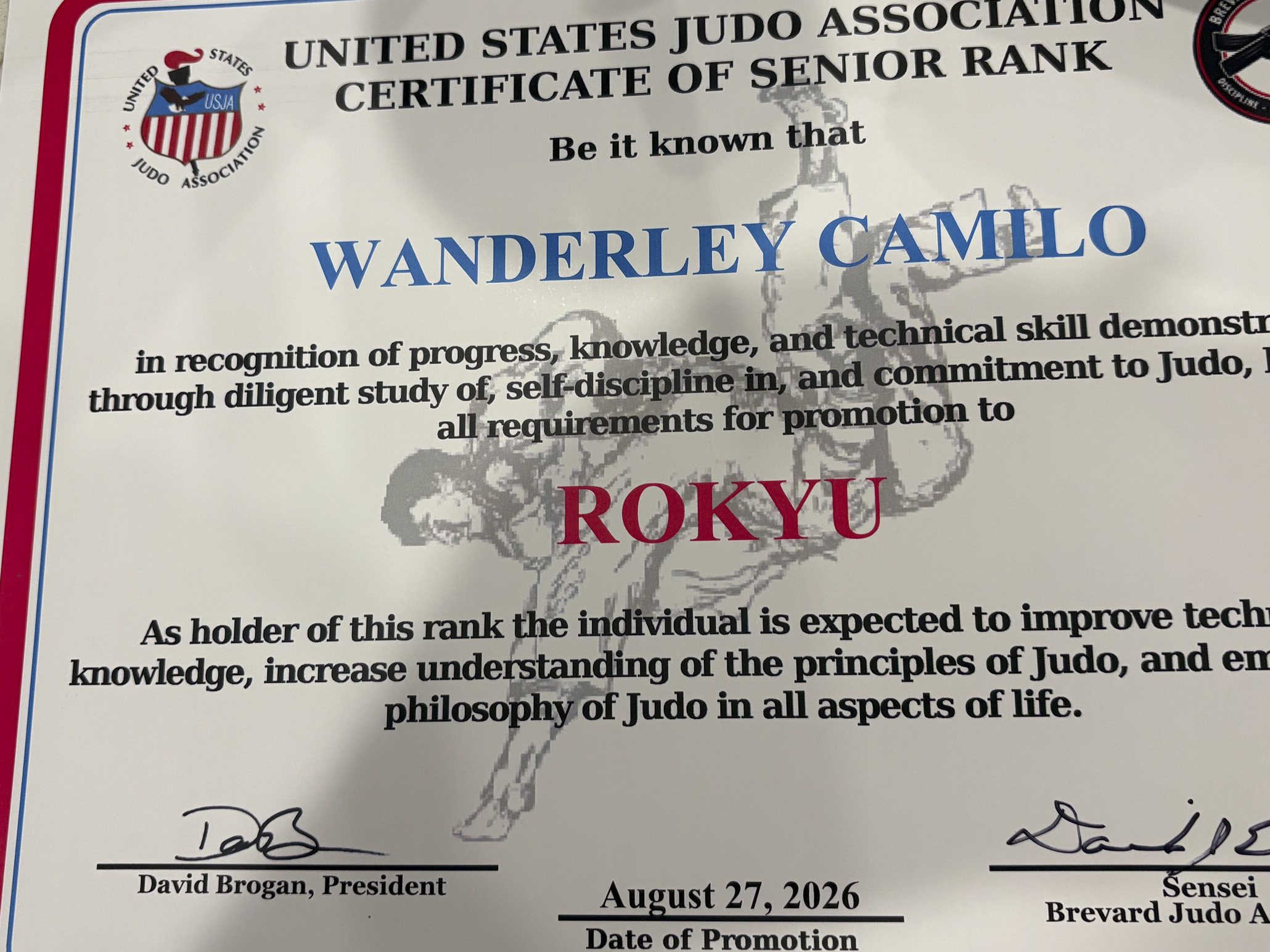 Wanderley Camilo's Rokyu (Yellow Belt) certificate
